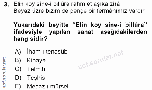 3. soru: Elin koy sîne-i billüra rahm et âşıka zirâ Beyaz üzre bizim de pençe bir fermânımız vardır Yukarıdaki beyitte "Elin k…