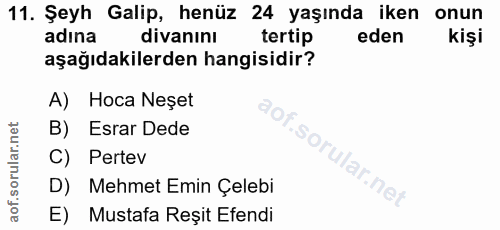 11. soru: Şeyh Galip, henüz 24 yaşında iken onun adına divanını tertip eden kişi aşağıdakilerden hangisidir? A) Hoca Neşet B) E…