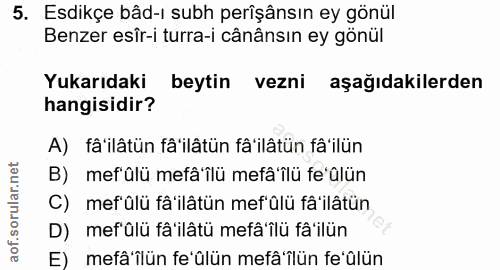 5. soru: Esdikçe bâd-ı subh perişânsın ey gönül Benzer esîr-i turra-i cânânsın ey gönül Yukarıdaki beytin vezni aşağıdakilerde…
