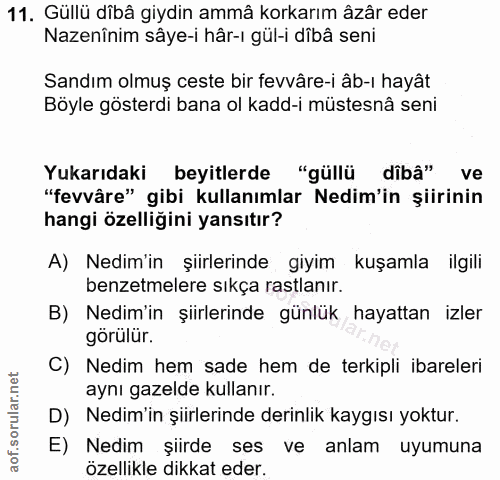 11. soru: Güllü dibâ giydin ammâ korkarım âzâr eder Nazenînim sâye-i hâr-ı gúl-i dîbâ seni Sandım olmuş ceste bir fevvâre-i âb-…