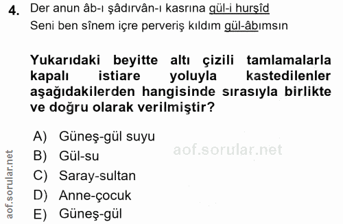 4. soru: Der anun âb-ı şâdırvân-ı kasrına gül-i hurşîd Seni ben sînem içre perveriş kıldım gül-âbımsın Yukarıdaki beyitte altı…