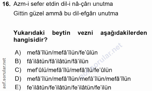 16. soru: Azm-i sefer etdin dil-i nâ-çârı unutma Gittin güzel ammâ bu dil-efgârı unutma Yukarıdaki beytin vezni aşağıdakilerden…