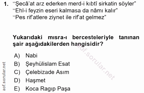 1. soru: "Şecâ'at arz ederken merd-i kıbti sirkatin söyler" "Ehl-i feyzin eseri kalmasa da nâmı kalır" "Pes rif'atlere ziynet…
