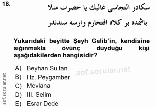 18. soru: Yukarıdaki beyitte Şeyh Galib'in, kendisine sığınmakla övünç duyduğu kişi aşağıdakilerden hangisidir? A) Beyhan Sulta…