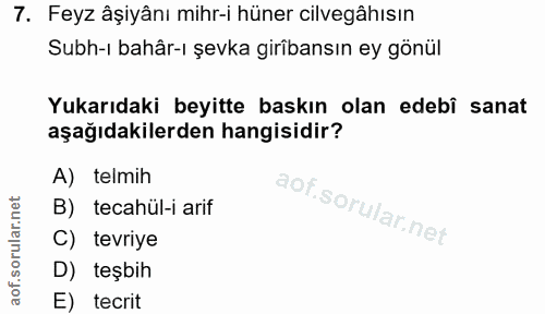 7. soru: Feyz âşiyânı mihr-i hüner cilvegâhısın Subh-ı bahâr-ı şevka girîbansın ey gönül Yukarıdaki beyitte baskın olan edebî…