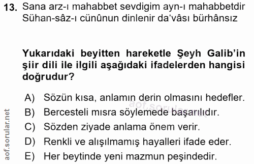 13. soru: Sana arz-ı mahabbet sevdigim ayn-ı mahabbetdir Suhan-sâz-ı cününun dinlenir da'vâsı bürhânsız Yukarıdaki beyitten har…
