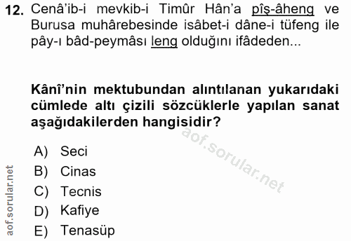 12. soru: Cenâ ib-i mevkib-i Timûr Hân'a pîş-âheng ve Burusa muhârebesinde isâbet-i dâne-i tüfeng ile pây-ı bâd-peymâsı leng ol…