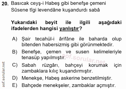 20. soru: Basıcak ceyş-i Habeş gibi benefşe çemeni Sûsene tîgi levendâne kuşandurdı sabâ Yukarıdaki beyit ile ilgili aşağıdaki…
