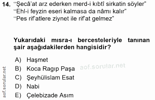 14. soru: . "Şecâ'at arz ederken merd-i kıbtî sirkatin söyler" "Ehl-i feyzin eseri kalmasa da nâmı kalır" "Pes rif'atlere ziyne…