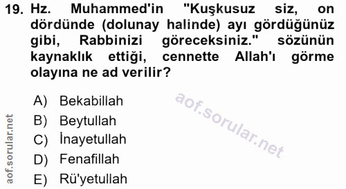 19. soru: Hz. Muhammed'in "Kuşkusuz siz, on dördünde (dolunay halinde) ayı gördüğünüz gibi, Rabbinizi göreceksiniz." sözünün ka…