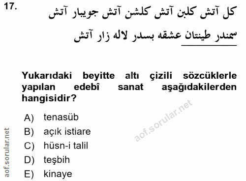 17. soru: Yukarıdaki beyitte altı çizili sözcüklerle yapılan edebi sanat aşağıdakilerden hangisidir? A) tenasüb SOru B) açık is…
