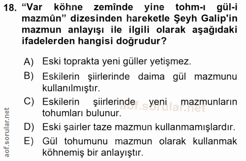 18. soru: "Var köhne zemînde yine tohm-ı gül-i mazmûn" dizesinden hareketle Şeyh Galip'in mazmun anlayışı ile ilgili olarak aşa…