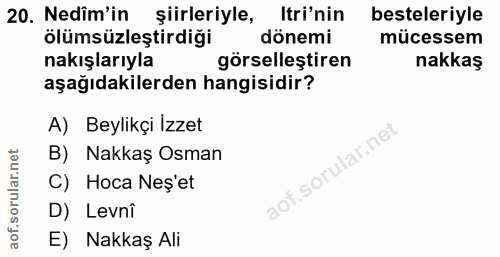 20. soru: Nedîm'in şiirleriyle, Iti'nin besteleriyle ölümsüzleştirdiği dönemi mücessem nakışlarıyla görsellestiren nakkaş aşağı…