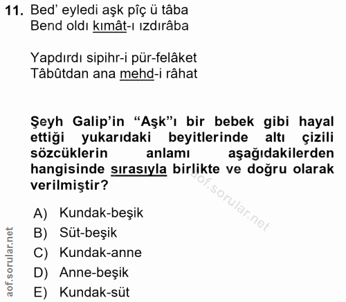 11. soru: Bed' eyledi aşk pîç ü tâba Bend oldı kımât-ı ızdırâba Yapırdı sipihr-i pür-felâket Tâbûtdan ana mehd-i râhat Şeyh Gal…