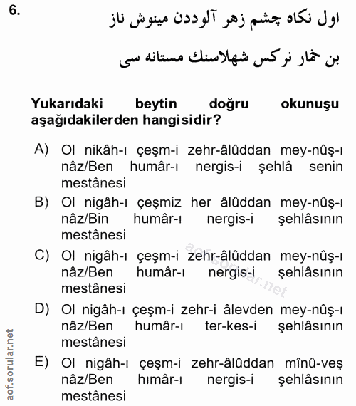 6. soru: Yukarıdaki beytin doğru okunuşu aşağıdakilerden hangisidir? A) Ol nikâh-ı çeşm-i zehr-âlüddan mey-nûş-ı nâz/Ben humâr…