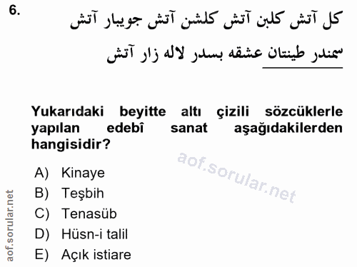 6. soru: كل آتش كلبن آتش كلشن آتش جويبار آتش سمندر طينتان عشقه بسدر لاله زار آتش Yukarıdaki beyitte altı çizili sözcüklerle ya…