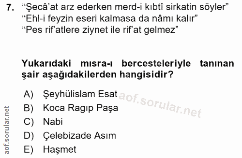 7. soru: "Şecâ'at arz ederken merd-i kıbti sirkatin söyler" "Ehl-i feyzin eseri kalmasa da nâmı kalır" "Pes rif'atlere ziynet…