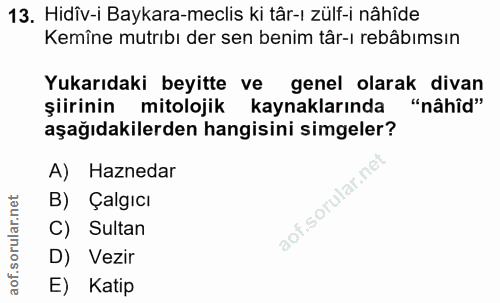 13. soru: Hidîv-i Baykara-meclis ki târ-ı zülf-i nâhîde Kemîne mutrıbı der sen benim târ-ı rebâbımsın Yukarıdaki beyitte ve gen…