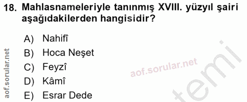 18. soru: Mahlasnameleriyle tanınmış XVIII. yüzyıl şairi aşağıdakilerden hangisidir? A) Nahifi B) Hoca Neşet C) Feyzi D) Kâmi E…