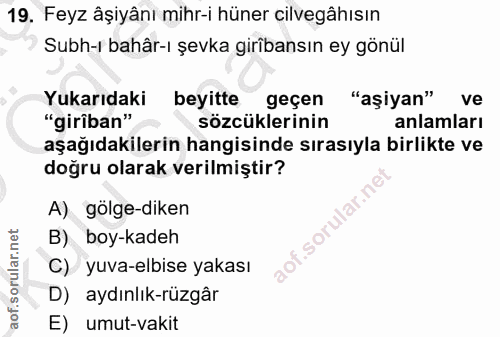 19. soru: Feyz âşiyânı mihr-i hüner cilvegâhısın Subh-r bahâr-ı şevka girîbansın ey gönül Yukarıdaki beyitte geçen "aşiyan" ve…