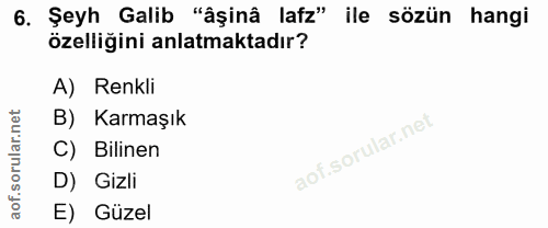 6. soru: Şeyh Galib "âşinâ lafz" ile sözün hangi özelliğini anlatmaktadır? A) Renkli B) Karmaşık C) Bilinen D) Gizli E) Güzel
