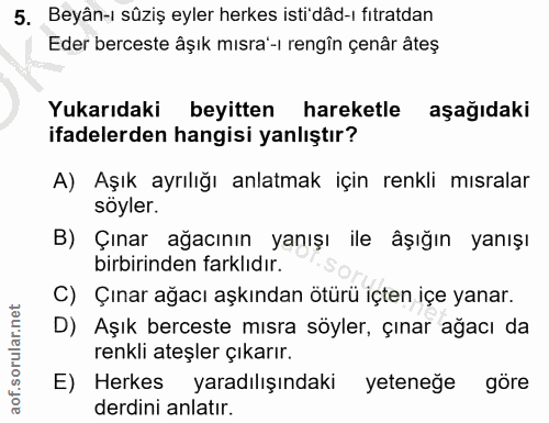5. soru: Beyân-ı sûziş eyler herkes isti'dâd-ı fıtratdan Eder berceste âşık mısra'-ı rengîn çenâr âteş Yukarıdaki beyitten har…
