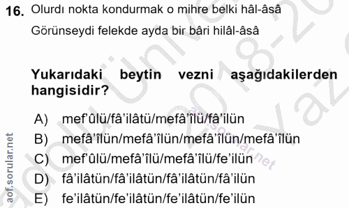 16. soru: Olurdı nokta kondurmak o mihre belki hâl-âsâ Görünseydi felekde ayda bir bâri hilâl-âsâ Yukarıdaki beytin vezni aşağı…