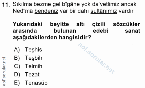 11. soru: Sıkılma bezme gel bîgâne yok da'vetlimiz ancak Nedîmâ bendeniz var bir dahı sultânımız vardır Yukarıdaki beyitte altı…