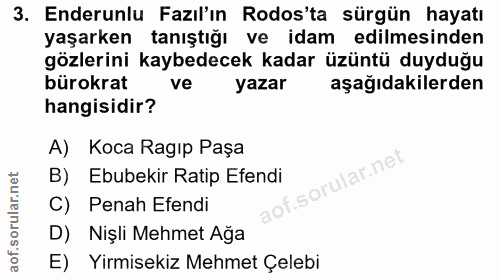 3. soru: Enderunlu Fazıl'ın Rodos'ta sürgün hayatı yaşarken tanıştığı ve idam edilmesinden gözlerini kaybedecek kadar üzüntü d…