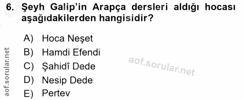 6. soru: Şeyh Galip'in Arapça dersleri aldığı hocası aşağıdakilerden hangisidir? A) Hoca Neşet B) Hamdi Efendi C) Şahidi Dede…