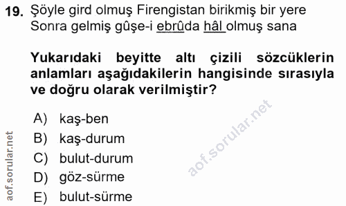 19. soru: Şöyle gird olmuş Firengistan birikmiş bir yere Sonra gelmiş gûşe-i ebrûda hâl olmuş sana Yukarıdaki beyitte altı çizi…