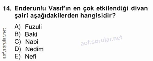 14. soru: Enderunlu Vasıf'ın en çok etkilendiği divan şairi aşağıdakilerden hangisidir? A) Fuzuli rular.n B) Baki C) Nabi .SO D…
