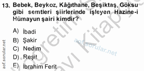 13. soru: Bebek, Beykoz, Käğıthane, Beşiktaş, Göksu gibi semtleri şiirlerinde işleyen Hazine-i Hümayun şairi kimdir? A) İbadi B…