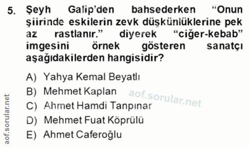 5. soru: Şeyh Galip'den bahsederken "Onun şiirinde eskilerin zevk düşkünlüklerine pek az rastlanır." diyerek "ciğer-kebab" img…