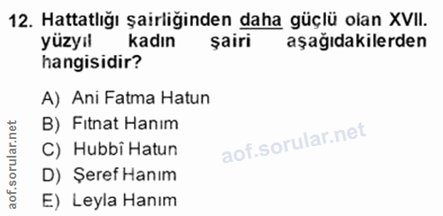 12. soru: Hattatlığı şairliğinden daha güçlü olan XVII. yüzyıl kadın şairi aşağıdakilerden hangisidir? A) Ani Fatma Hatun B) Fi…