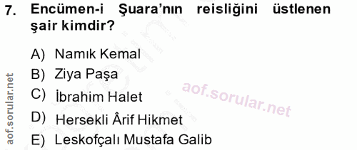 7. soru: Encümen-i Şuara'nın reisliğini üstlenen şair kimdir? A) Namık Kemal B) Ziya Paşa C) İbrahim Halet D) Hersekli Ârif Hi…
