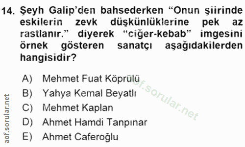 14. soru: Şeyh Galip'den bahsederken "Onun şiirinde eskilerin zevk düşkünlüklerine pek az rastlanır." diyerek "ciğer-kebab" img…