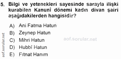 5. soru: Bilgi ve yetenekleri sayesinde sarayla ilişki kurabilen Kanuni dönemi kadın divan şairi aşağıdakilerden hangisidir? A…