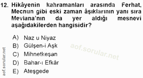 12. soru: Hikâyenin kahramanları arasında Ferhat, Mecnun gibi eski zaman âşıklarının yanı sıra Mevlana'nın yer aldığı mesnevi a…