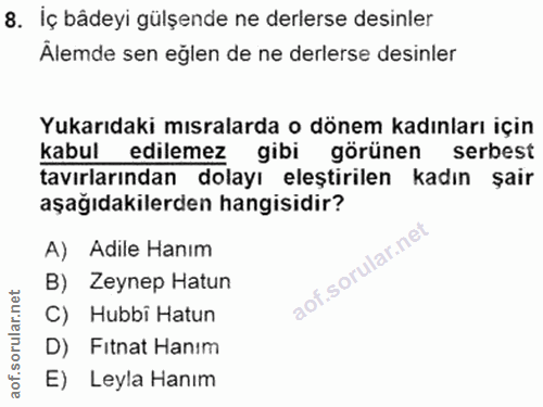 8. soru: Iç bâdeyi gülşende ne derlerse desinler Älemde sen eğlen de ne derlerse desinler Yukarıdaki mısralarda o dönem kadınl…