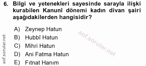 6. soru: Bilgi ve yetenekleri sayesinde sarayla ilişki kurabilen Kanunî dönemi kadın divan şairi aşağıdakilerden hangisidir? A…