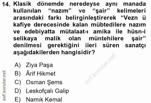 14. soru: Klasik dönemde neredeyse aynı manada kullanılan "nazım" ve "şair" kelimeleri arasındaki farkı belirginleştirerek "Vez…