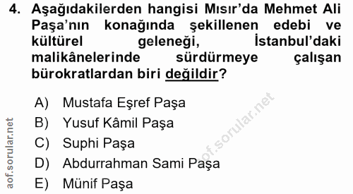 4. soru: Aşağıdakilerden hangisi Mısır'da Mehmet Ali Paşa'nın konağında şekillenen edebi ve kültürel geleneği, Istanbul'daki m…