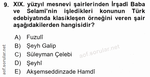 9. soru: XIX. yüzyıl mesnevi şairlerinden İrşadi Baba ve Selamî'nin işledikleri konunun Türk edebiyatında klasikleşen örneğini…