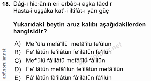 18. soru: Dâğ-ı hicrânın eri erbâb-ı aşka tâcdır Hasta-i uşşâka kat'-i iltifât-ı yârı güç Yukarıdaki beytin aruz kalıbı aşağıda…
