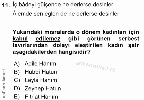 11. soru: Iç bâdeyi gülşende ne derlerse desinler Âlemde sen eğlen de ne derlerse desinler Yukarıdaki mısralarda o dönem kadınl…