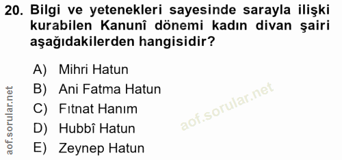 20. soru: Bilgi ve yetenekleri sayesinde sarayla ilişki kurabilen Kanunî dönemi kadın divan şairi aşağıdakilerden hangisidir? A…