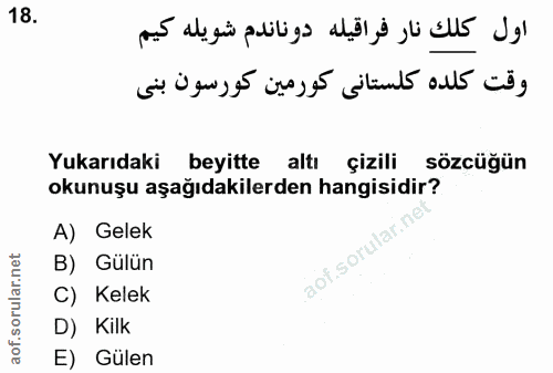 18. soru: Yukarıdaki beyitte altı çizili sözcüğün okunuşu aşağıdakilerden hangisidir? A) Gelek . aof.sorular.ne B) Gülün C) Kel…