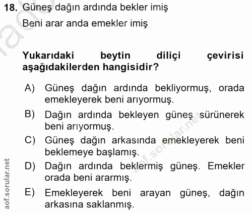 18. soru: Güneş dağın ardında bekler imiş Beni arar anda emekler imiş Yukarıdaki beytin diliçi çevirisi aşağıdakilerden hangisi…