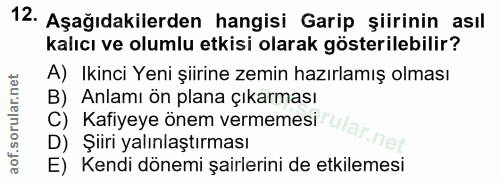 12. soru: Aşağıdakilerden hangisi Garip şiirinin asıl kalıcı ve olumlu etkisi olarak gösterilebilir? A) Ikinci Yeni şiirine zem…